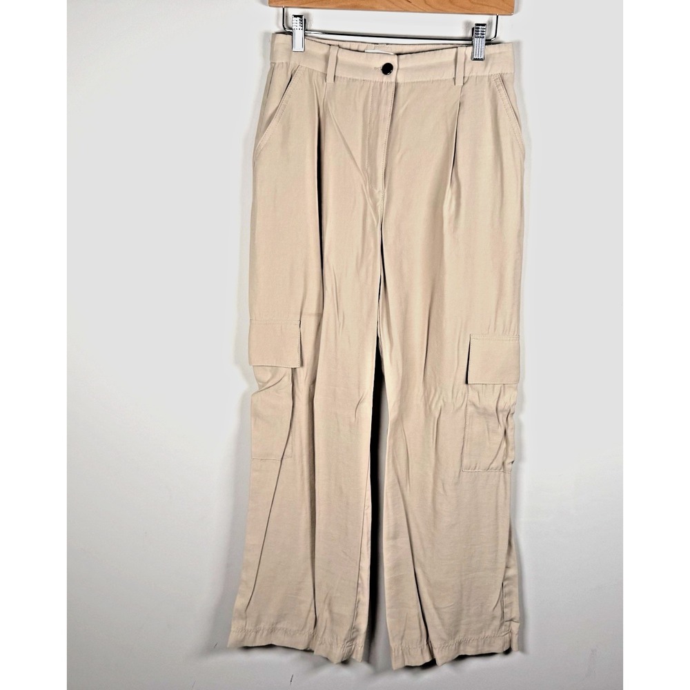 H&M High Rise Wide Leg Cargo Utility Trouser Pants 6 Oatmeal Light Beige